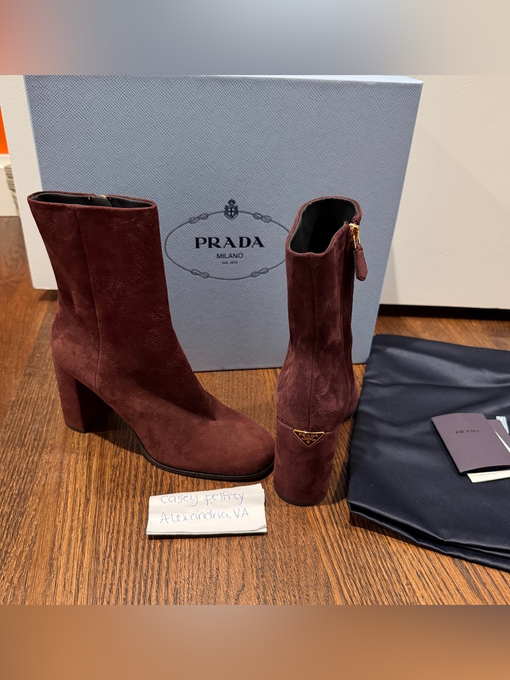 Prada Block Heel Suede Ankle Bootie Bordeaux 37